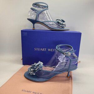 Stuart Weitzman Belize 50 Sandal Size 9B Denim Blue Ruffle Flower Detail Heels
